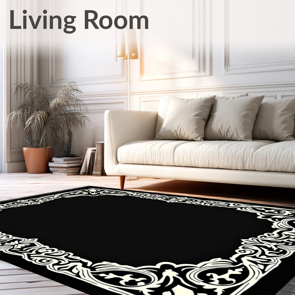 Ornate Black Ivory Scrollwork Frame Rug