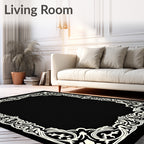 Ornate Black Ivory Scrollwork Frame Rug