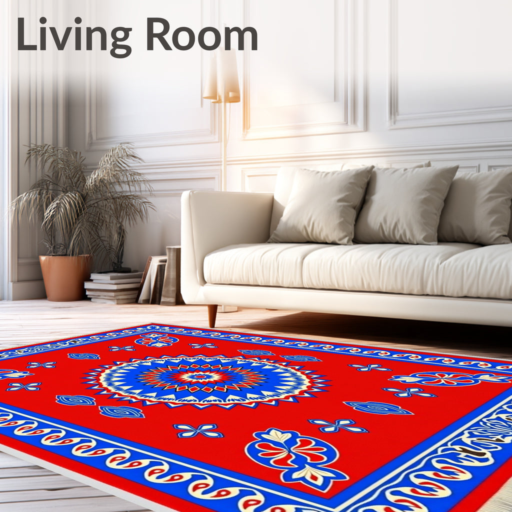 Crimson Blue Radiant Starburst Medallion Rug