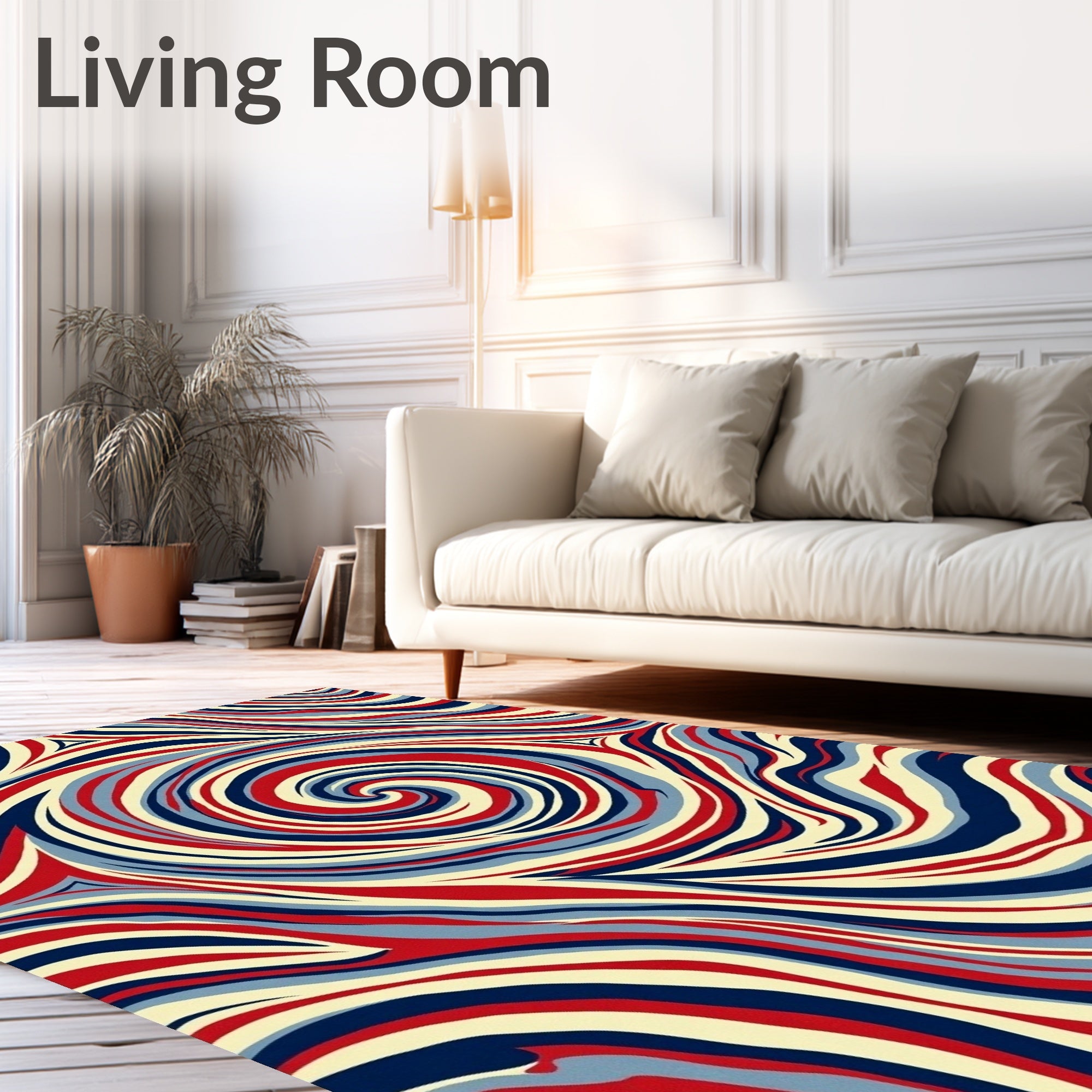 Waves of Red, Blue, and Cream Swirl Rug
