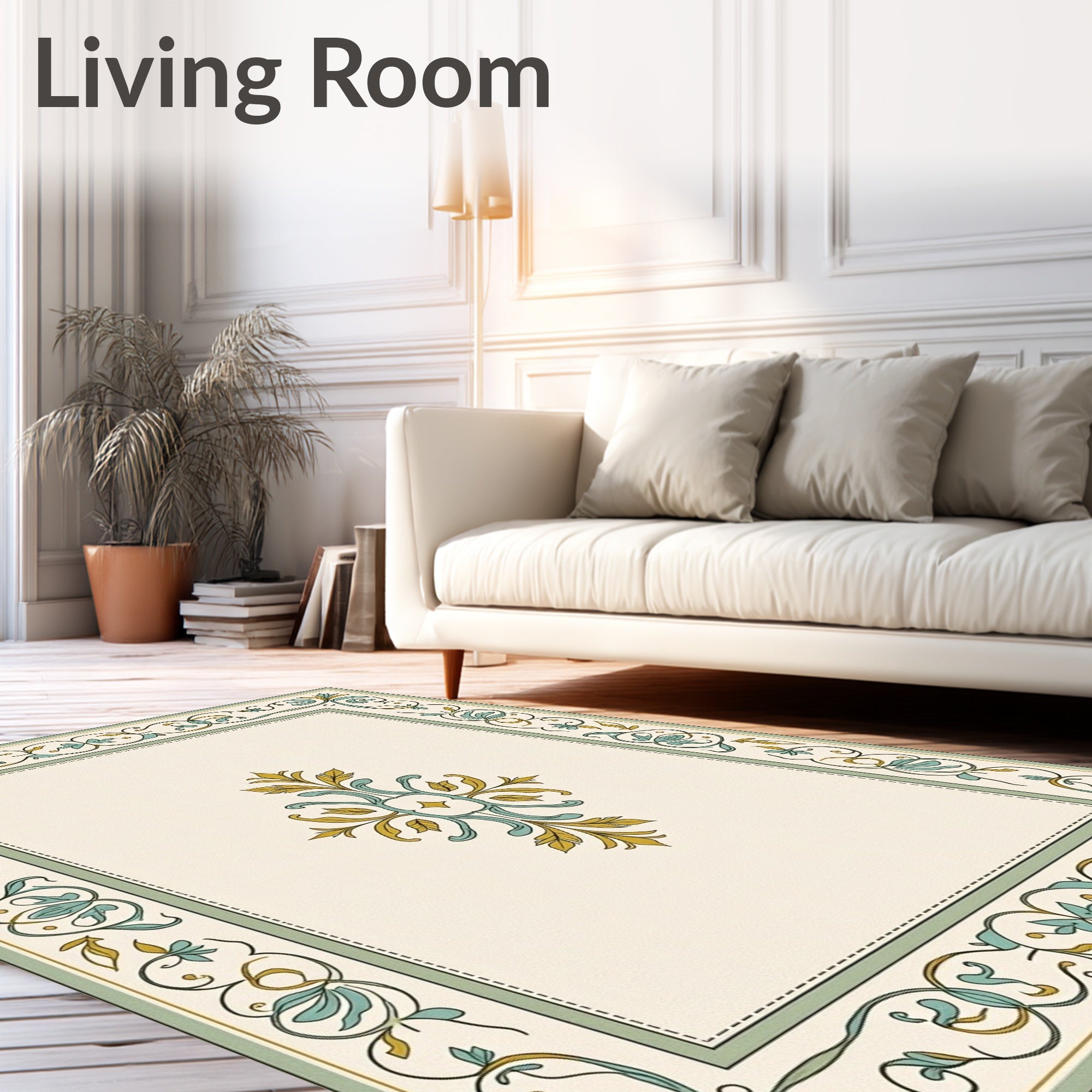 Ornate Cream Teal Golden Scroll Rug