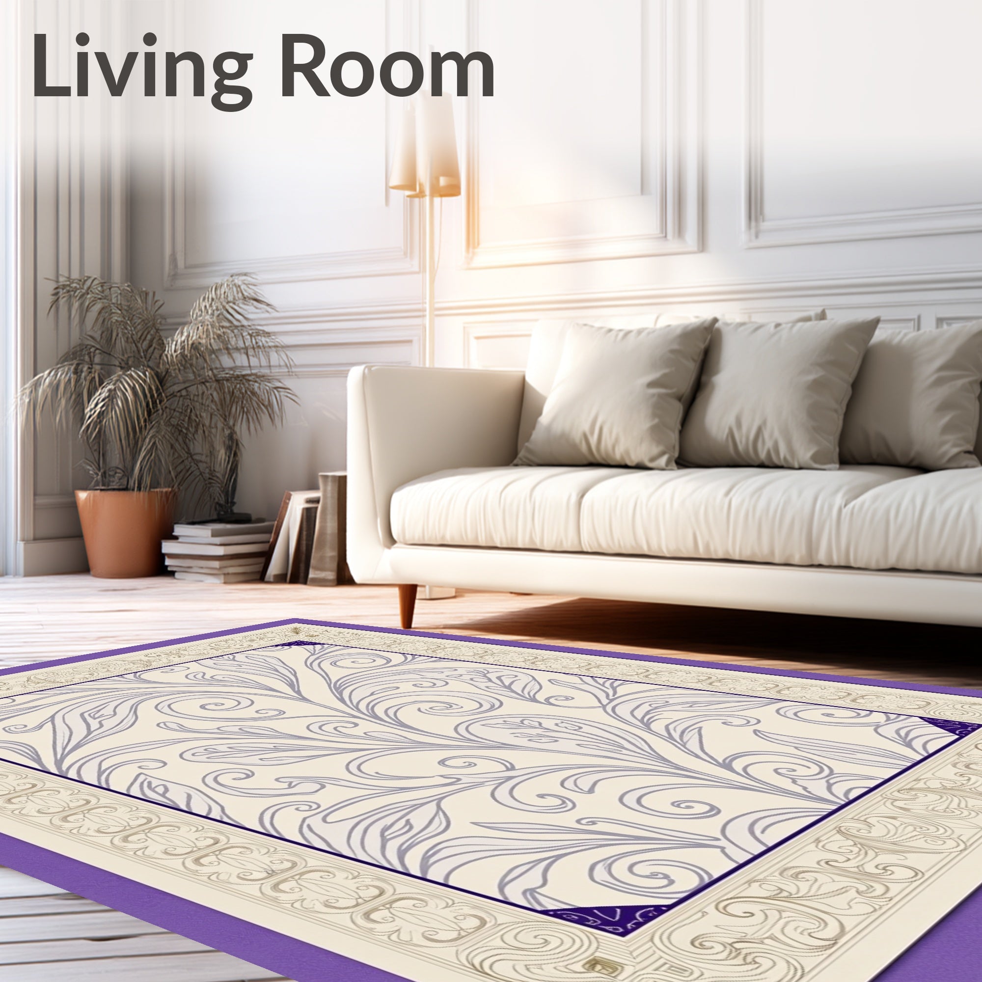 Cream Purple Floral Vine Border Rug