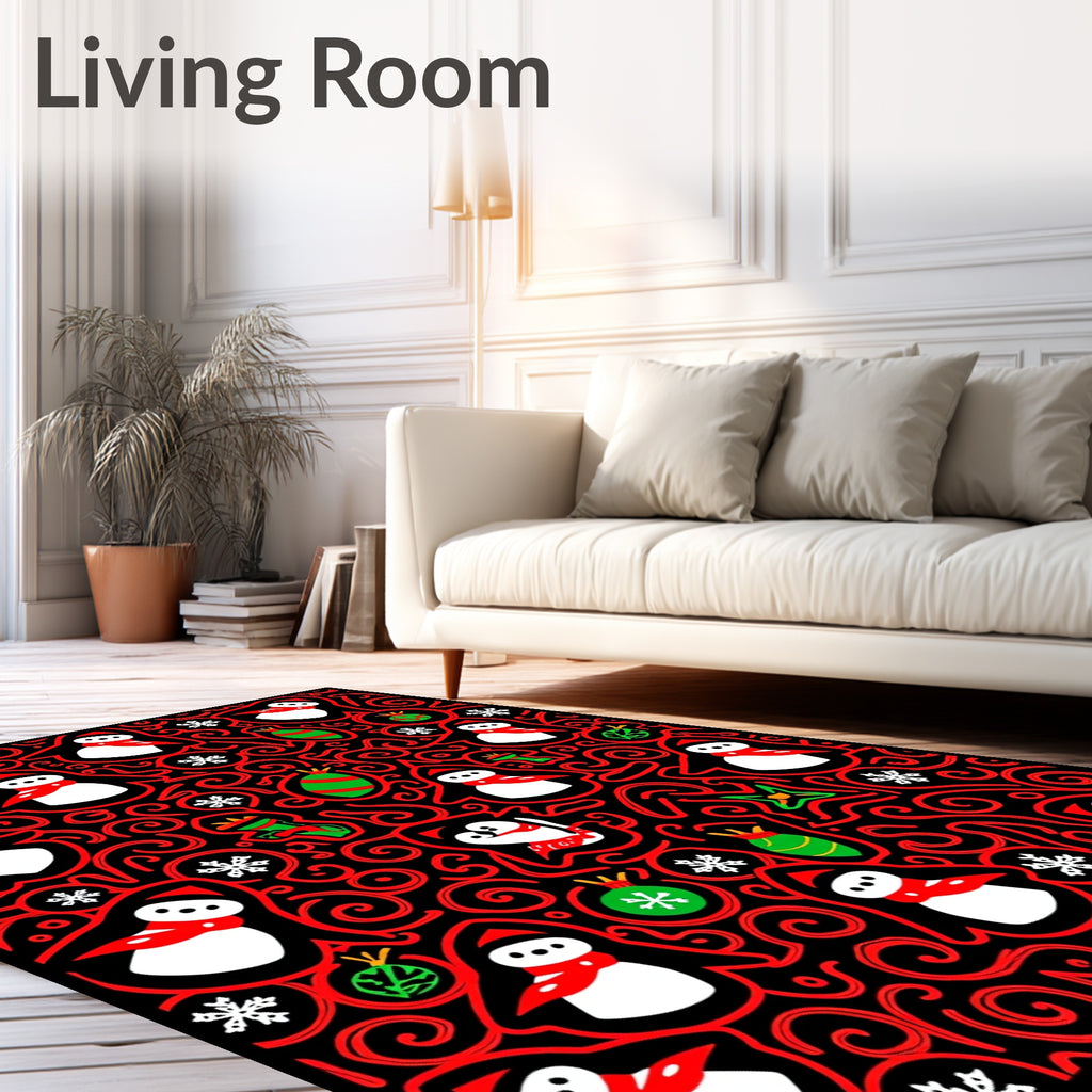 Whimsical Snowman Christmas Swirl Red Rug