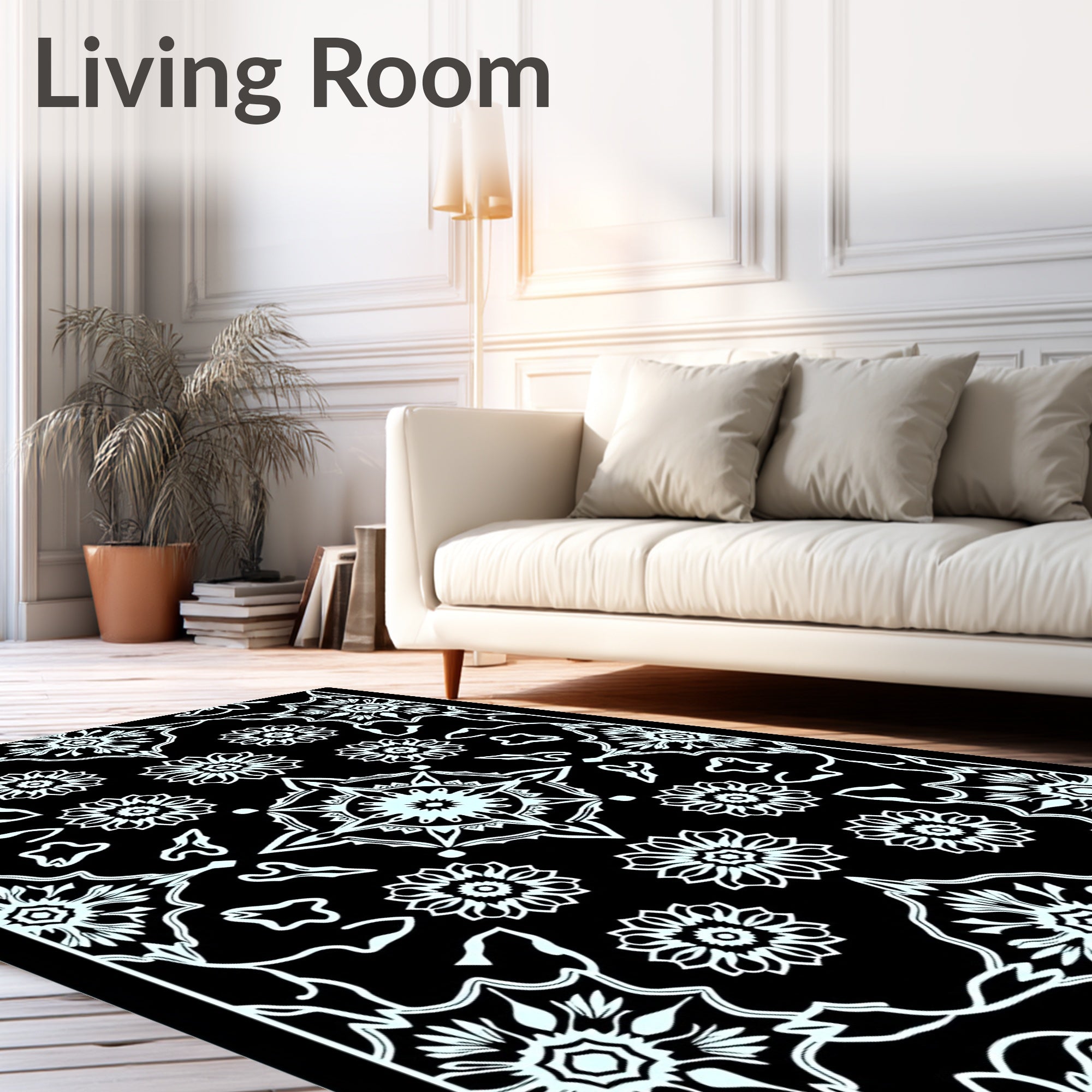 Black White Floral Medallion Rug