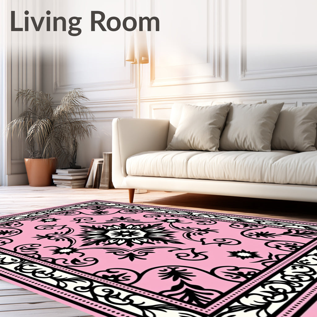 Soft Pink Black Floral Medallion Rug