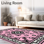 Soft Pink Black Floral Medallion Rug