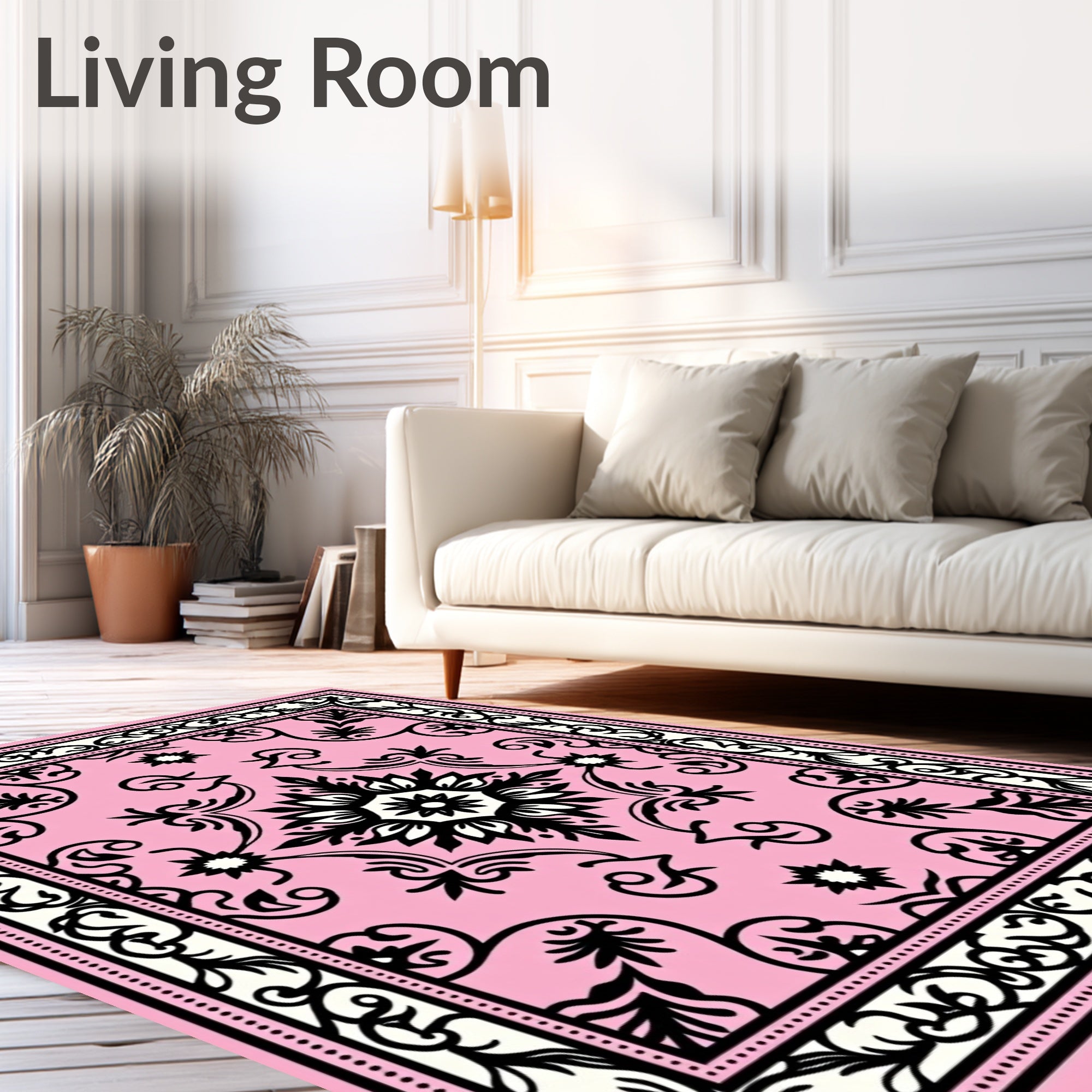 Soft Pink Black Floral Medallion Rug
