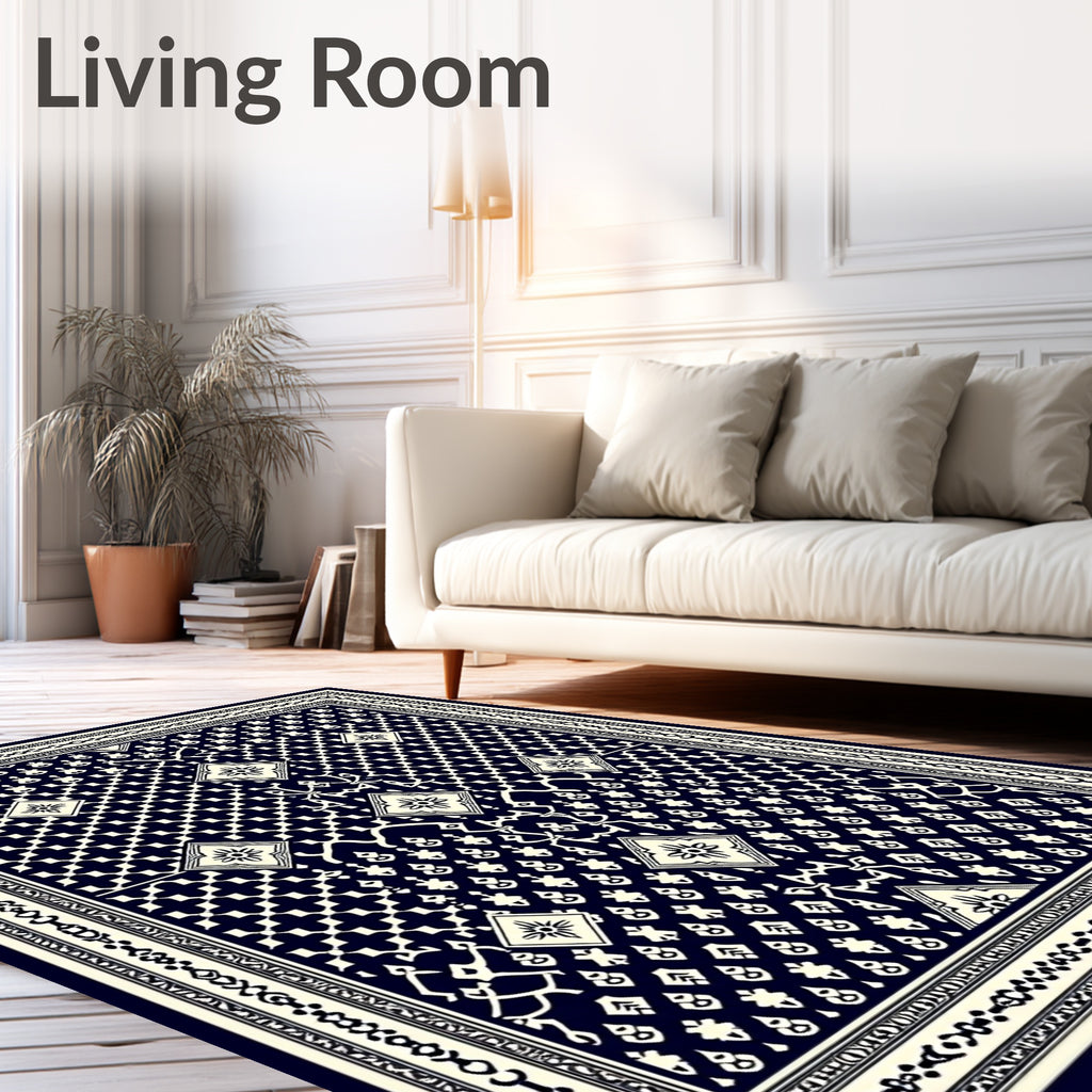 Dark Navy Ivory Geometric Diamond Mandala Rug