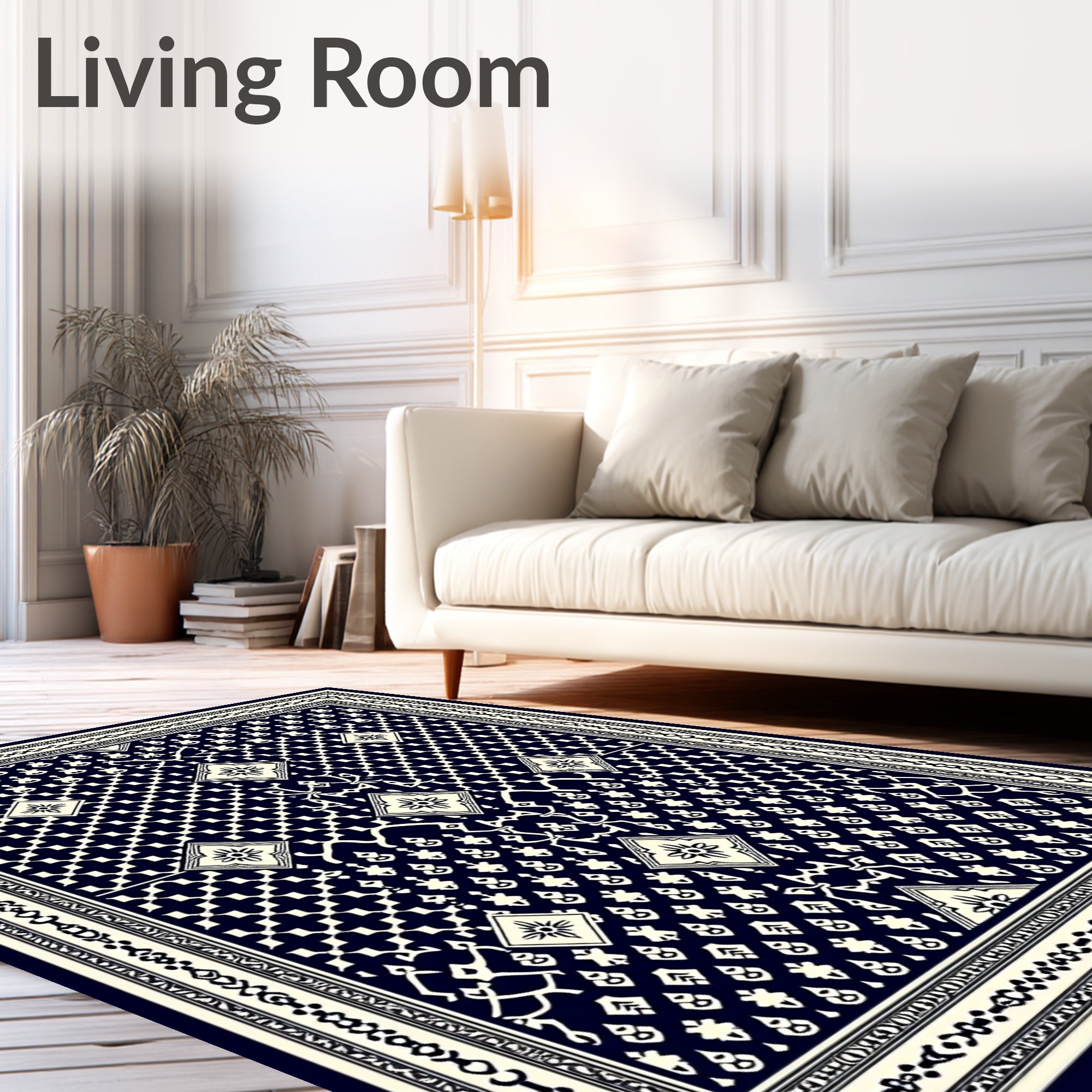 Dark Navy Ivory Geometric Diamond Mandala Rug