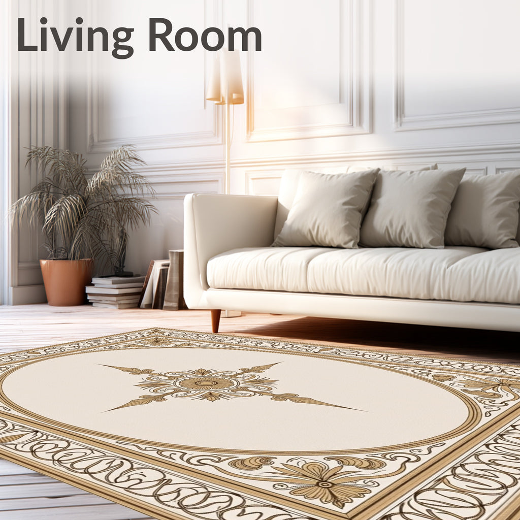 Vintage Gold Floral Oval Frame Rug