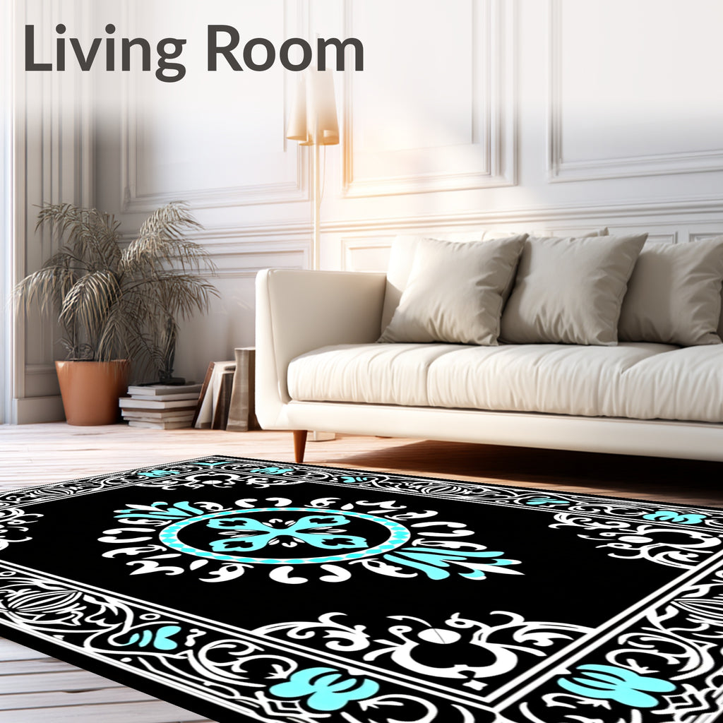 Elegant Black Teal Floral Ornament Rug