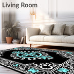 Elegant Black Teal Floral Ornament Rug