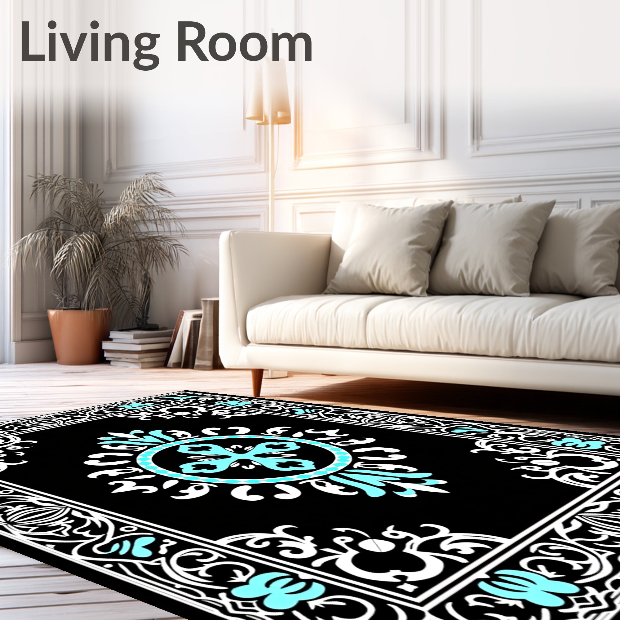 Elegant Black Teal Floral Ornament Rug