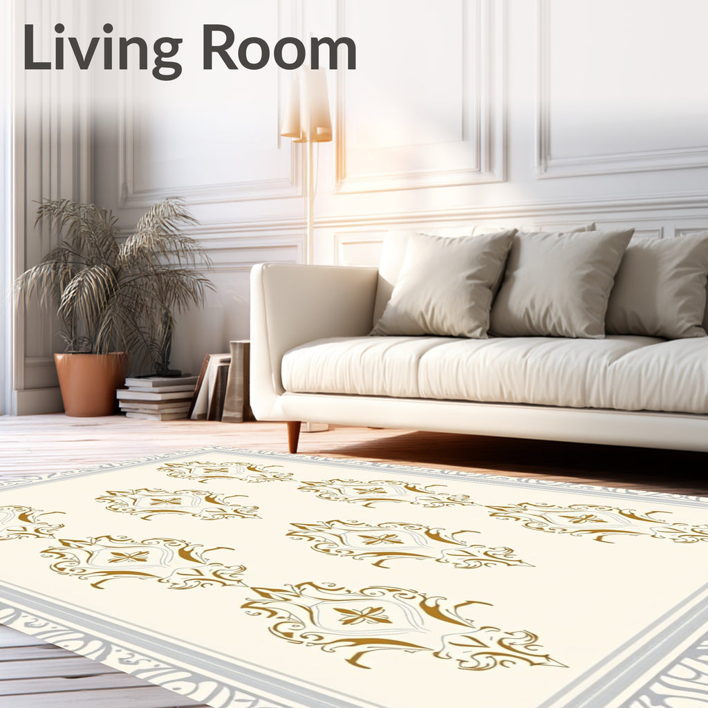 Ornate Golden Damask Scrollwork Rug