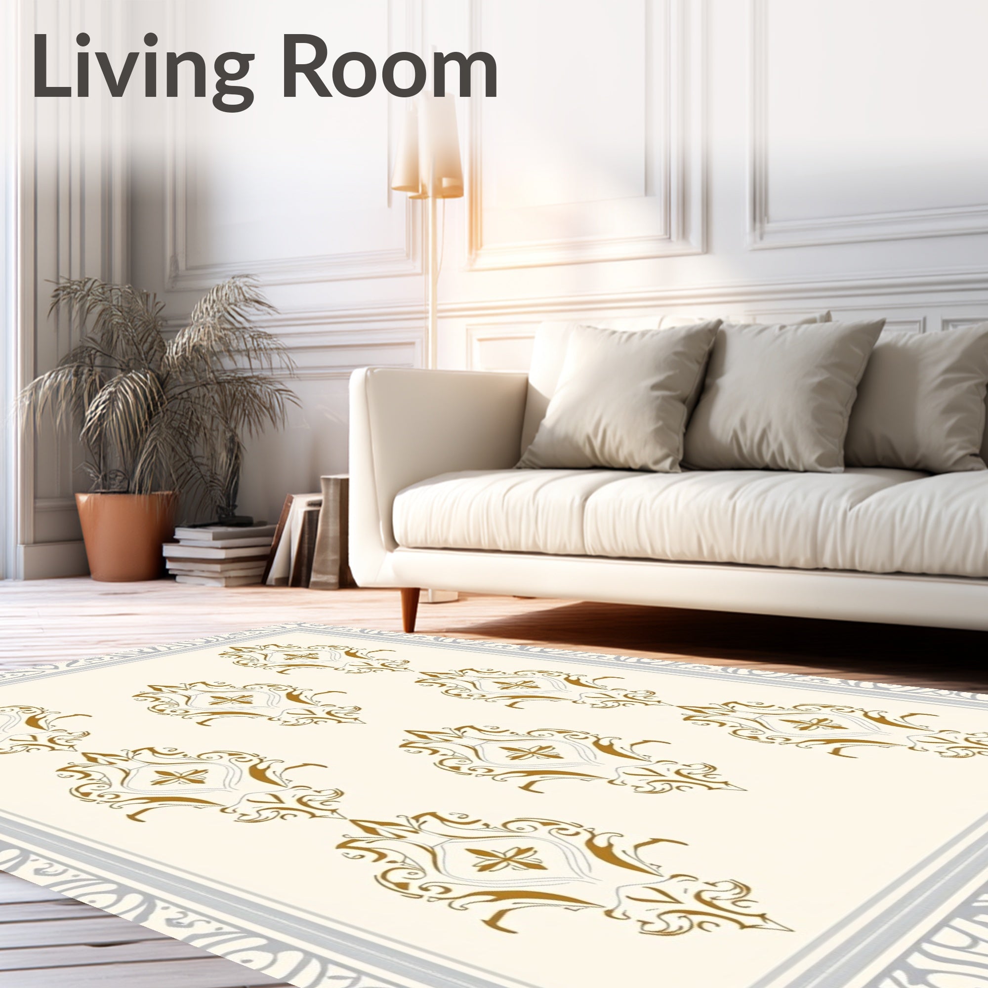 Ornate Golden Damask Scrollwork Rug