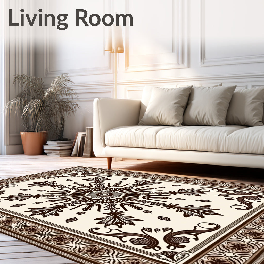 Brown Cream Floral Border Medallion Rug