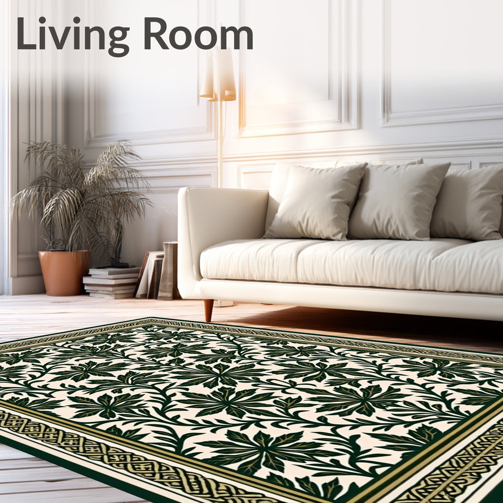 Dark Green Leafy Vine Scroll Rug
