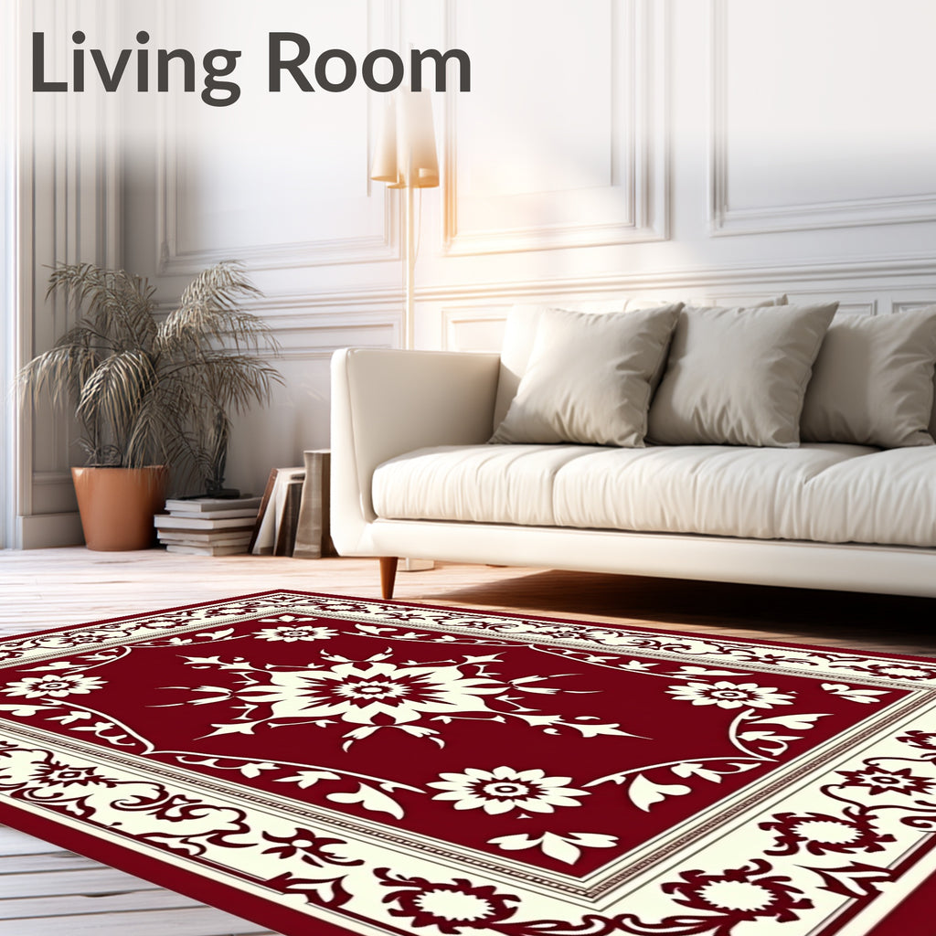 Crimson Cream Floral Medallion Border Rug