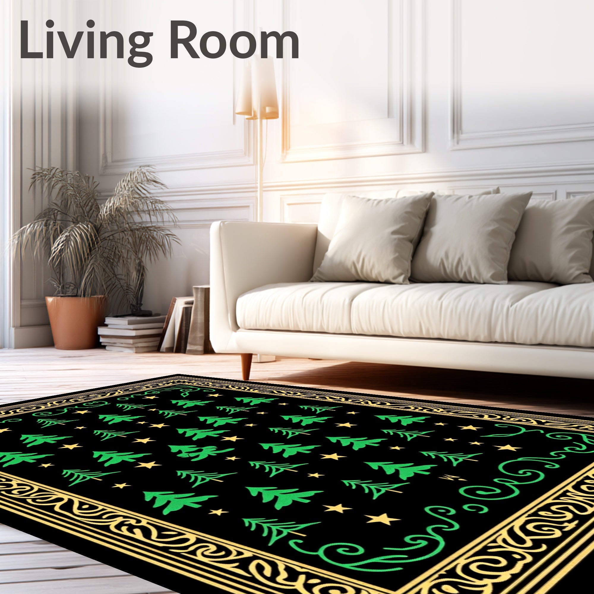 Green Pine Trees Yellow Stars Border Rug