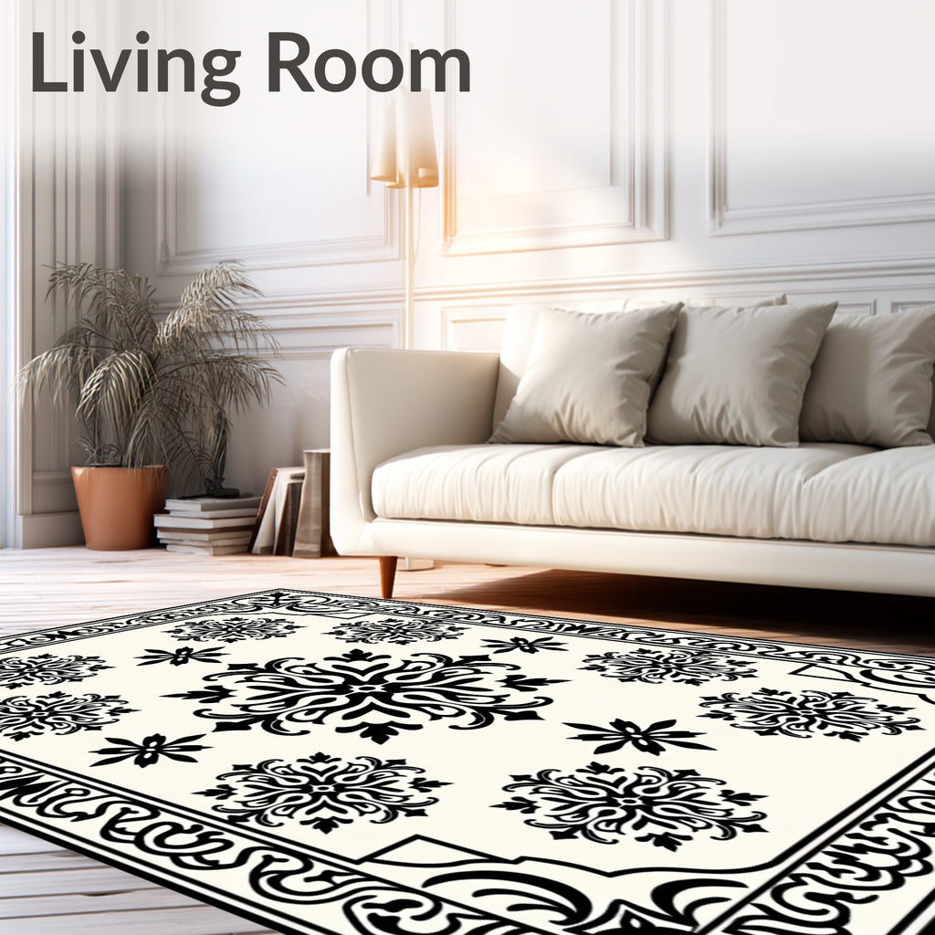Black and White Floral Medallion Bordered Rug