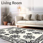 Black and White Floral Medallion Bordered Rug