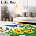 Vibrant Blue Bird Lavender Daisy Meadow Rug