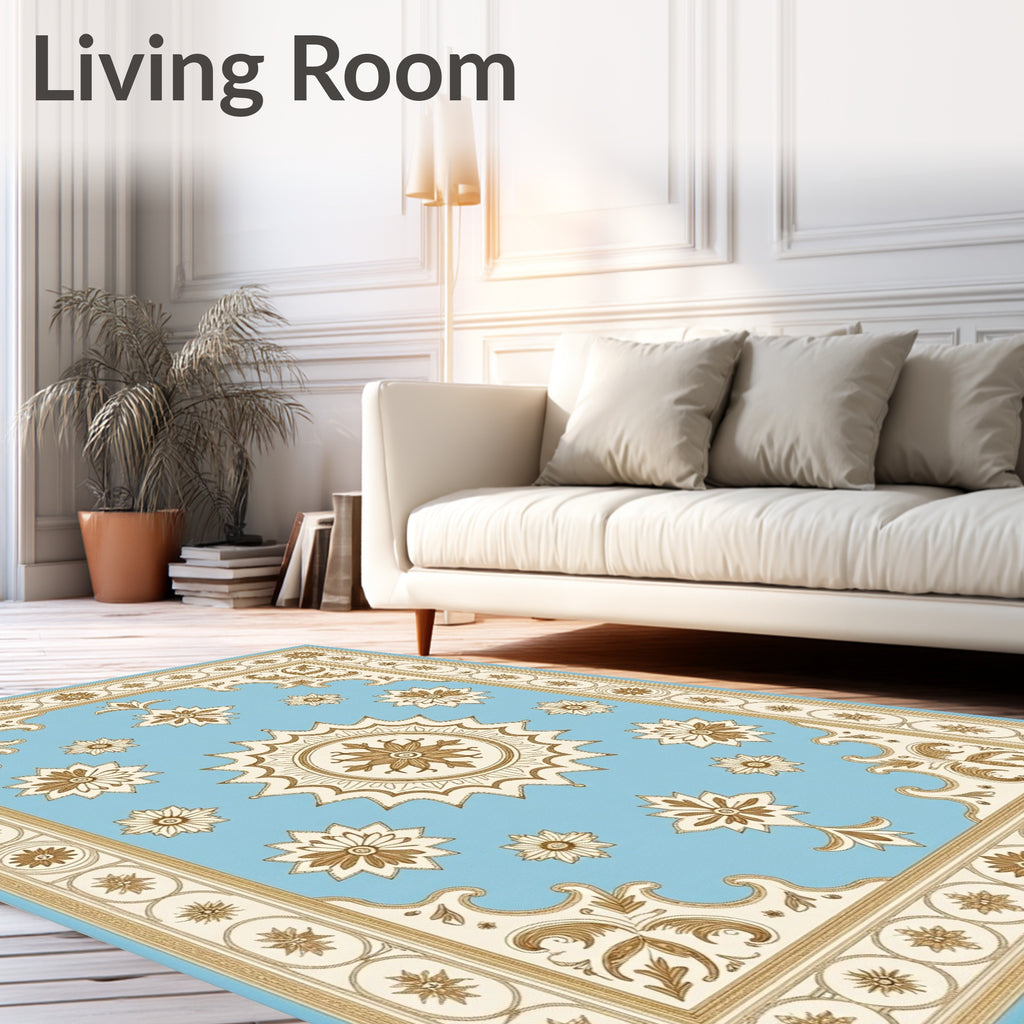 Light Blue Golden Floral Medallion Rug