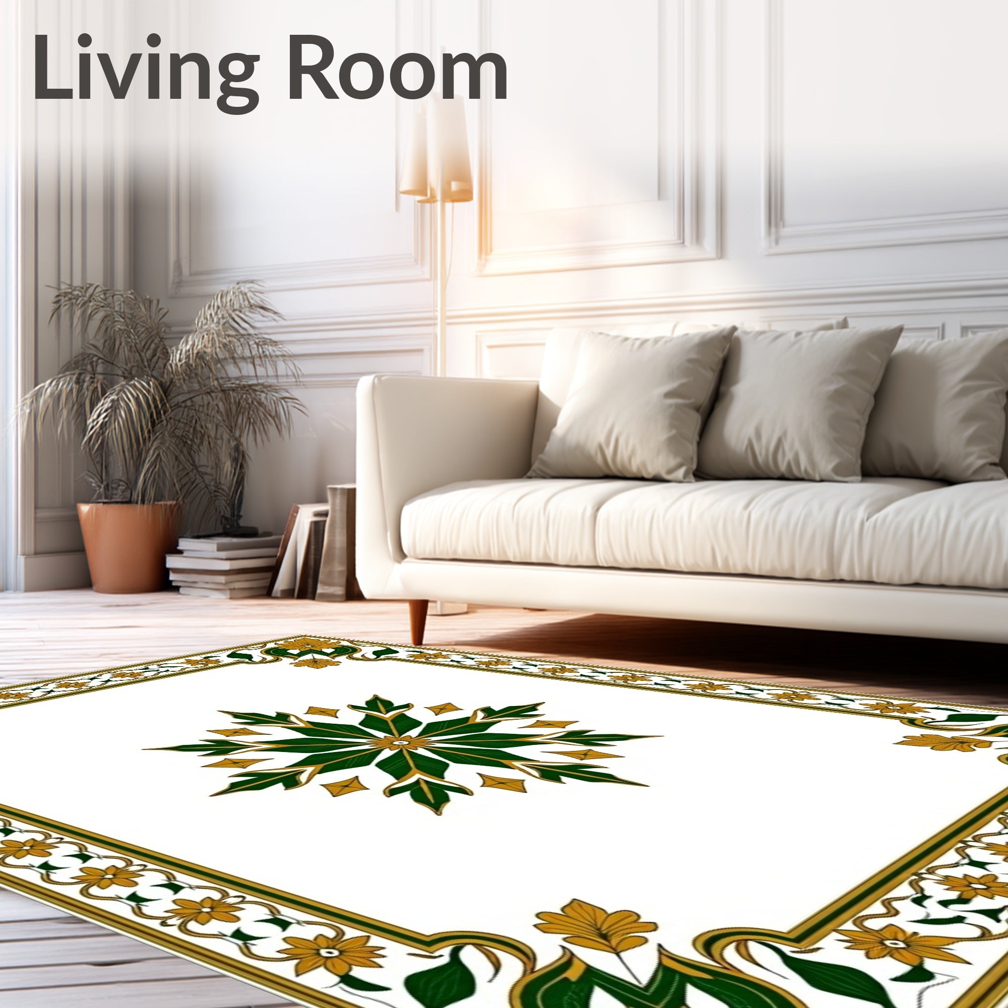 Golden Green Floral Medallion Border Rug