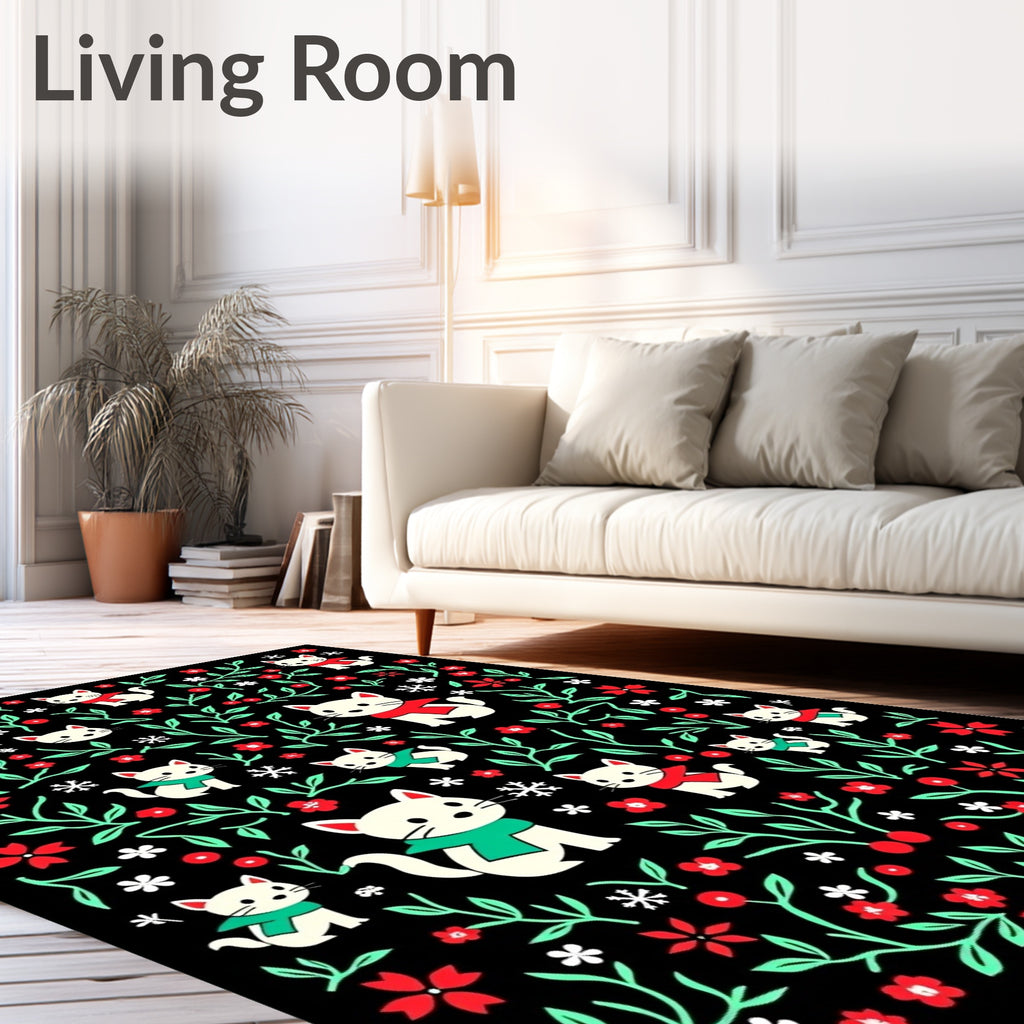 Whimsical White Cats Red Green Flora Rug