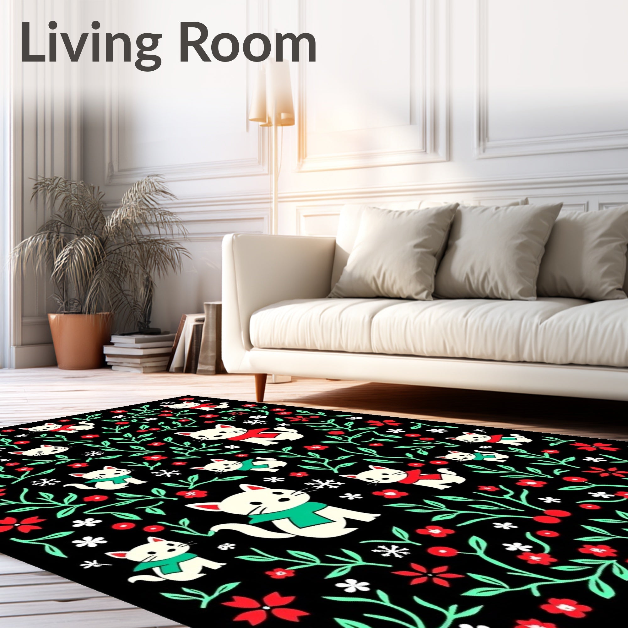 Whimsical White Cats Red Green Flora Rug