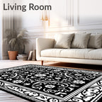 Black White Floral Scrollwork Border Rug