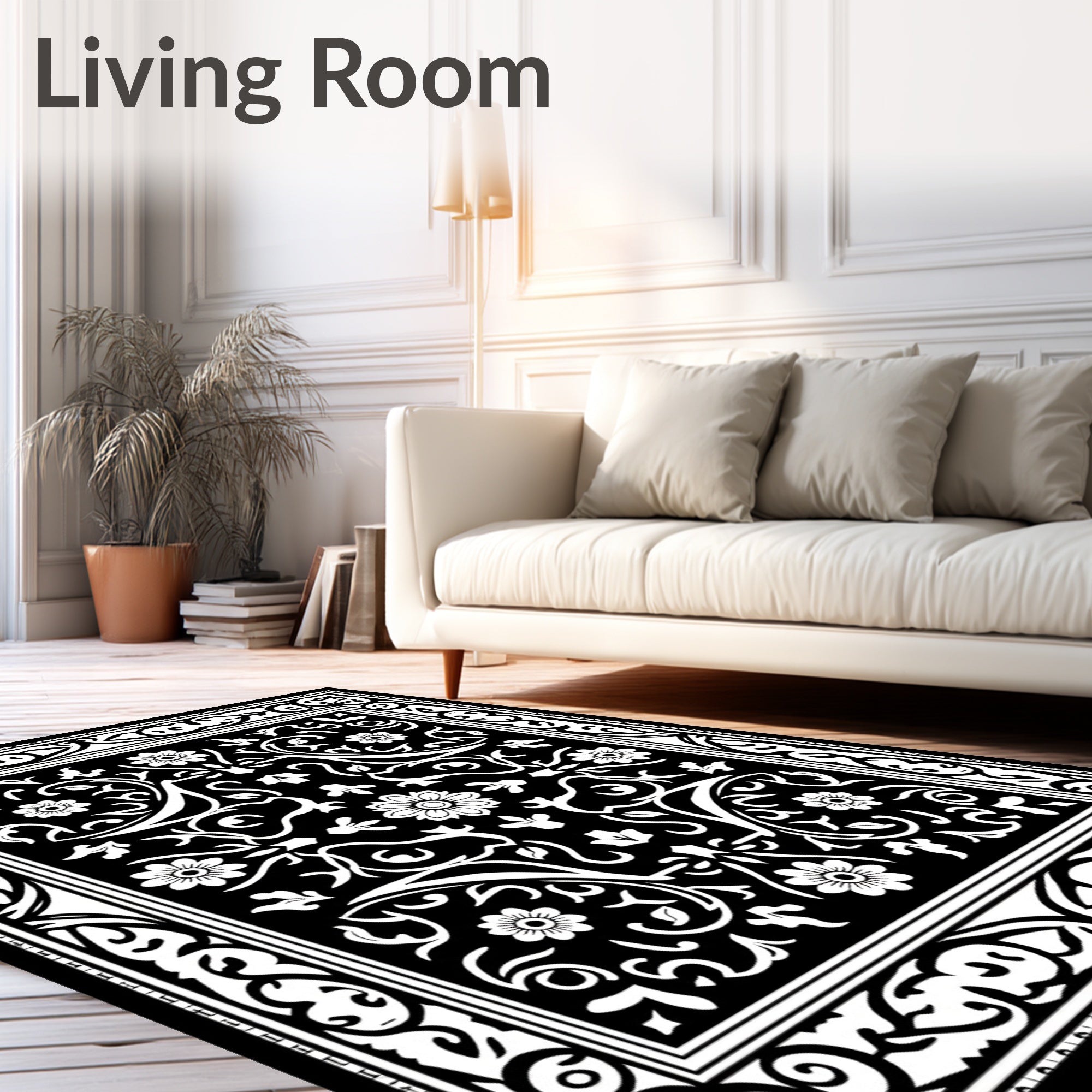 Black White Floral Scrollwork Border Rug