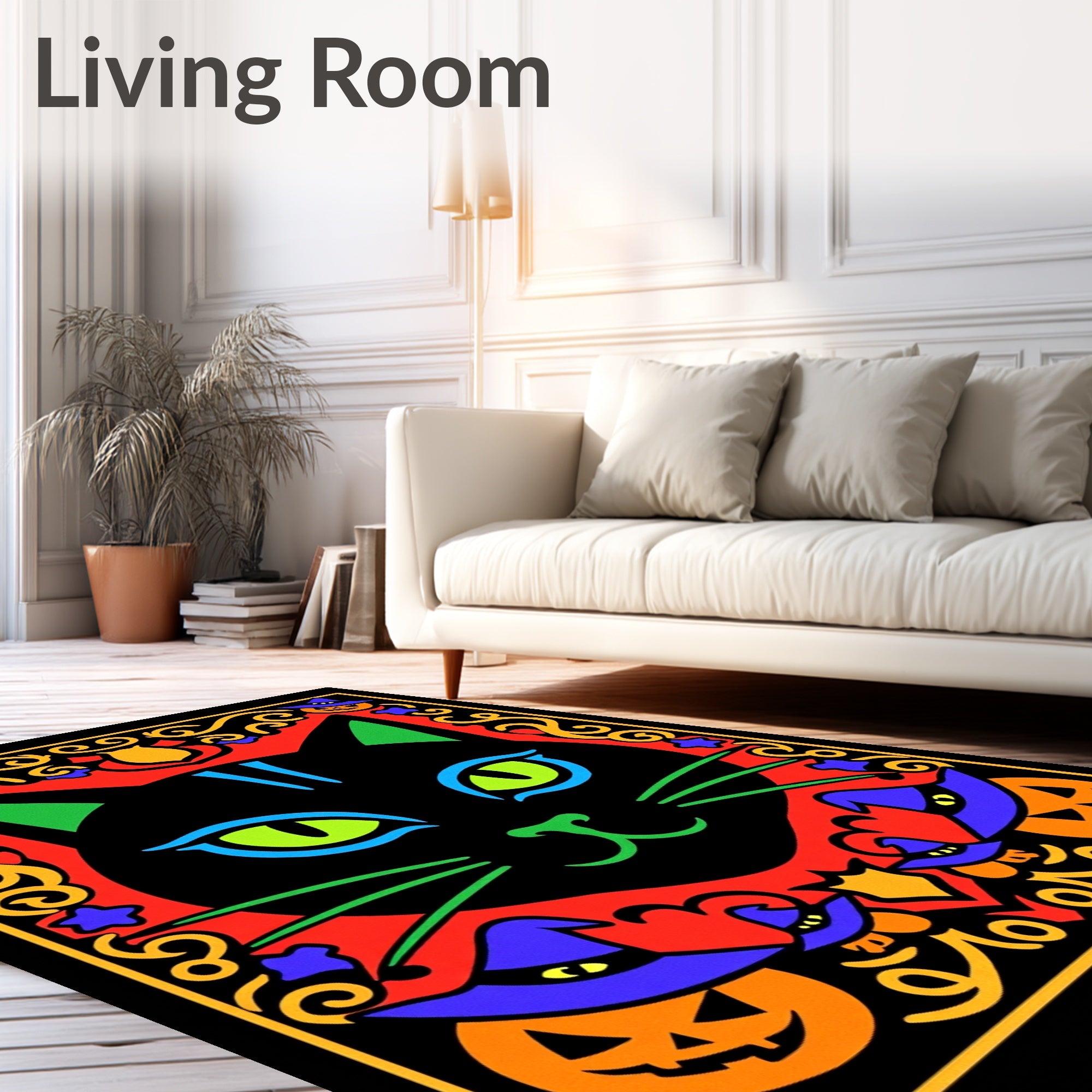 Vibrant Black Cat Halloween Border Rug