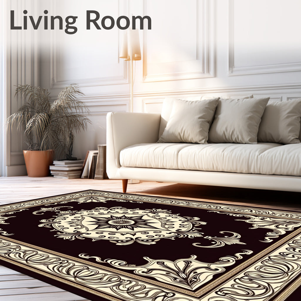 Ornate Ivory Dark Brown Medallion Border Rug