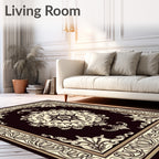 Ornate Ivory Dark Brown Medallion Border Rug
