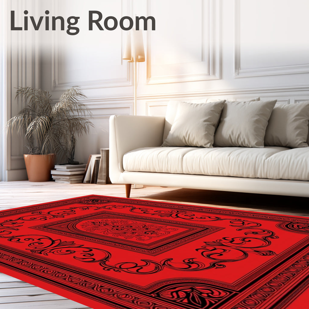 Crimson Black Ornate Scrollwork Frame Rug