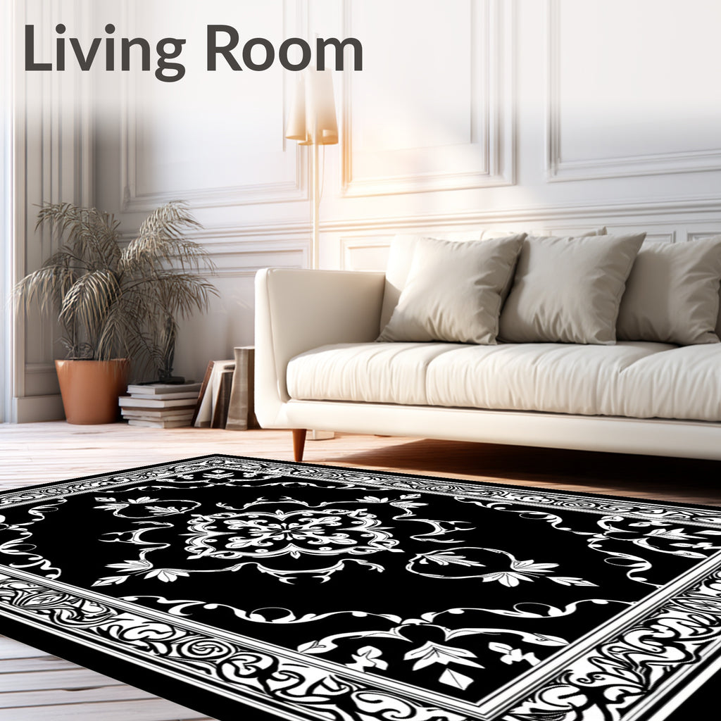 Elegant Black White Floral Medallion Border Rug