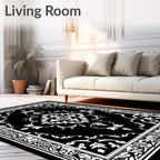 Elegant Black White Floral Medallion Border Rug