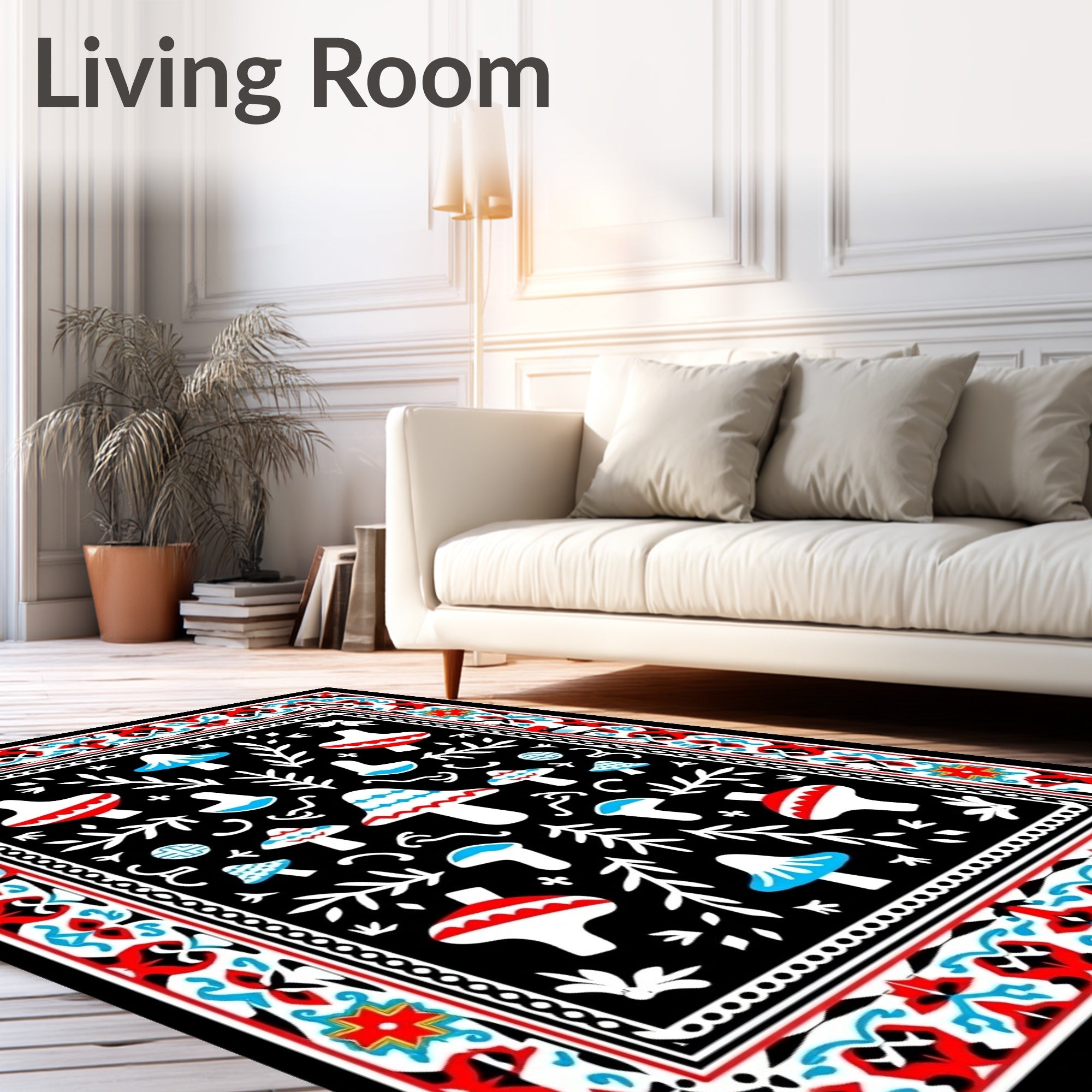 Whimsical Red Blue Mushroom Garden Border Rug