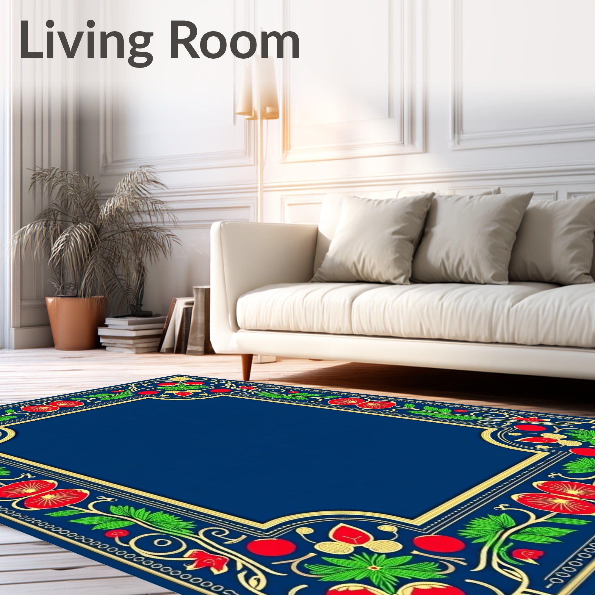 Ornate Blue Red Floral Border Rug