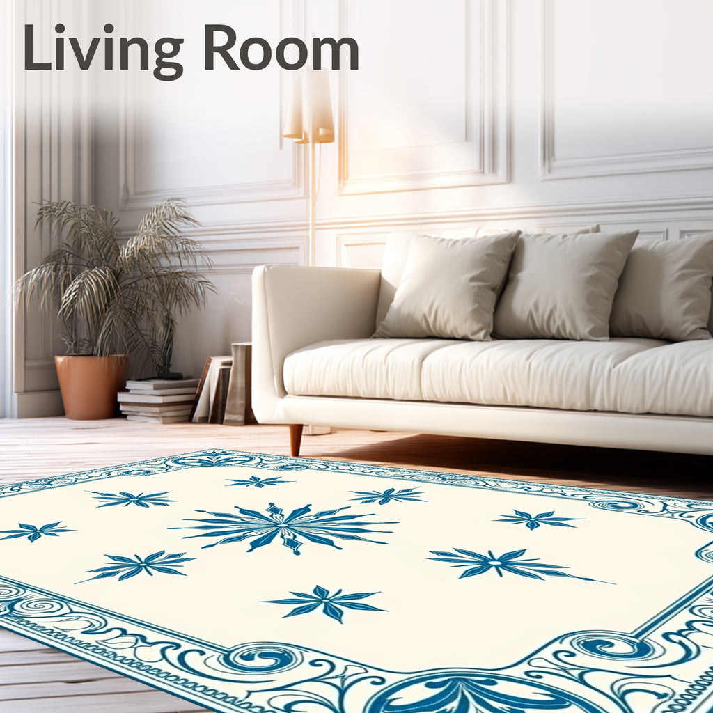 Deep Blue Starburst Floral Frame Rug