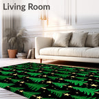 Green Christmas Trees Golden Stars Rug