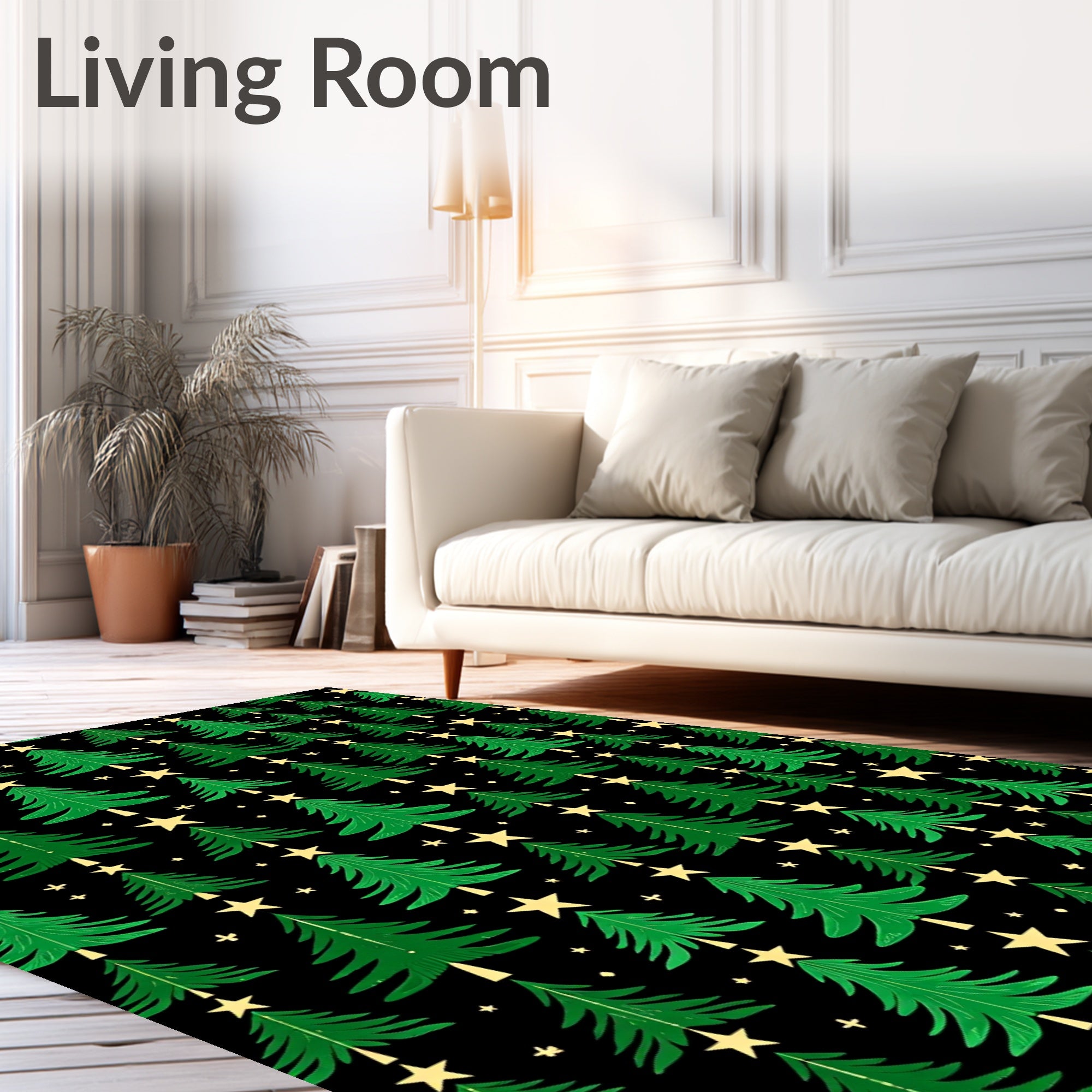 Green Christmas Trees Golden Stars Rug