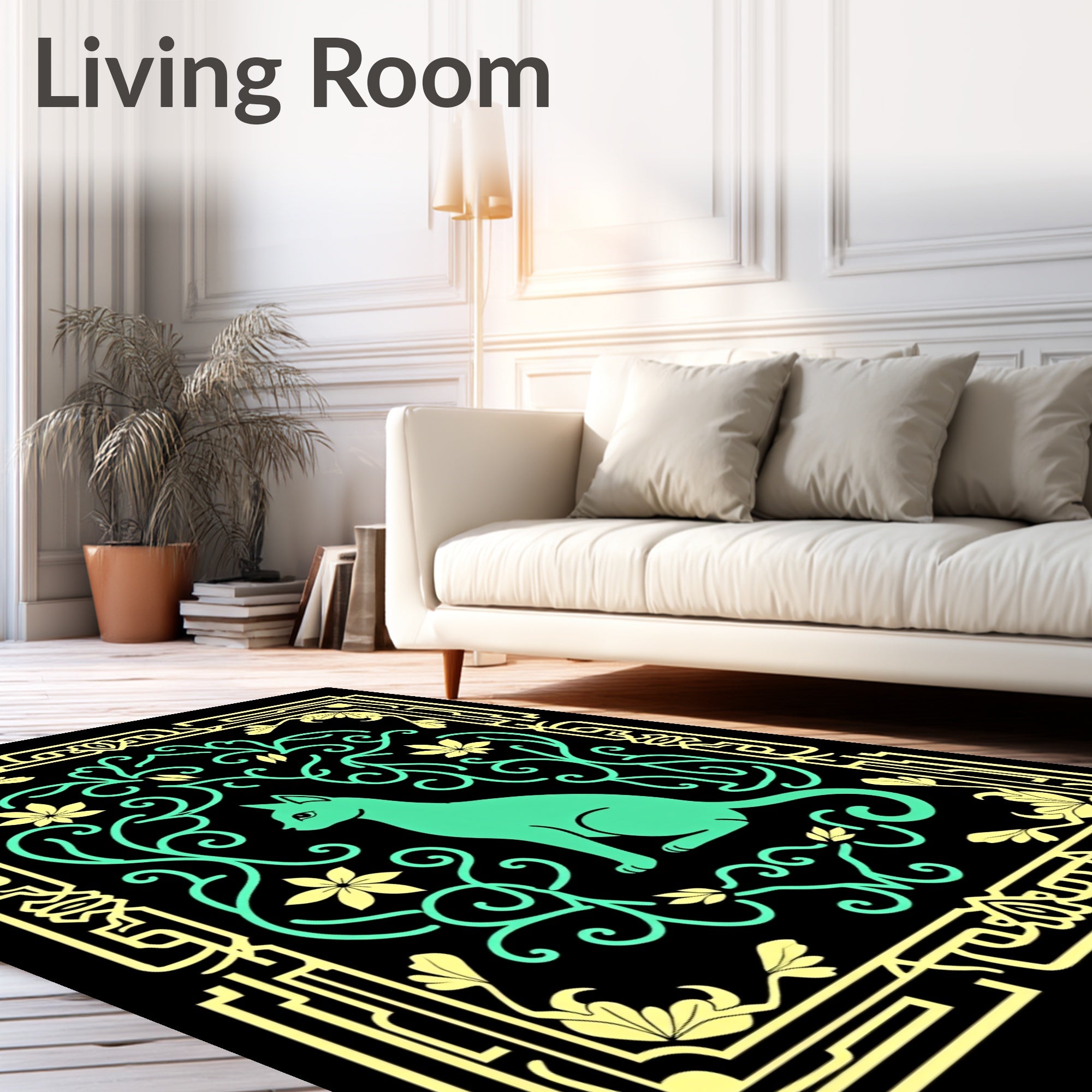 Art Deco Teal Cat Floral Frame Rug