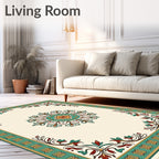 Cream Green Red Floral Medallion Border Rug