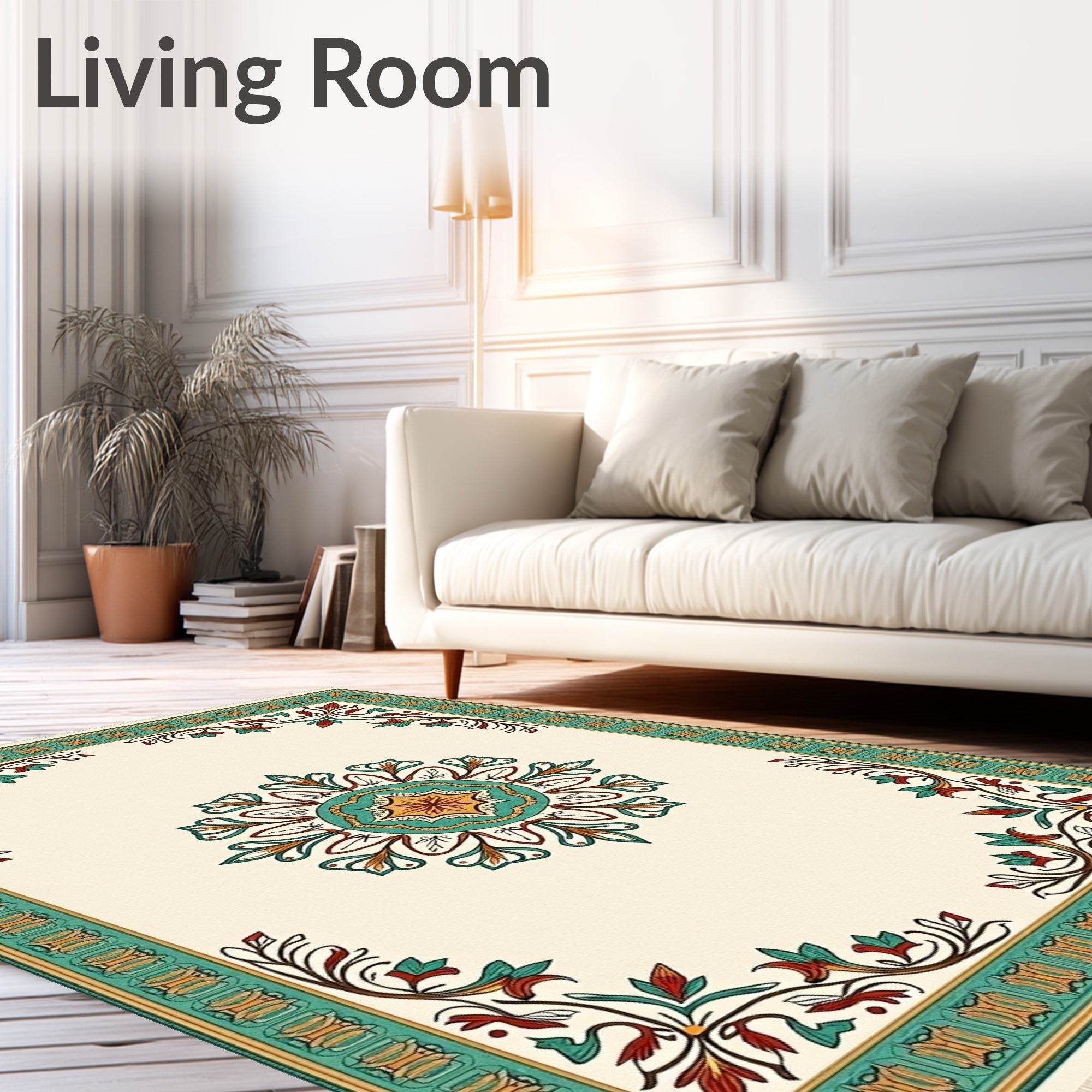 Cream Green Red Floral Medallion Border Rug