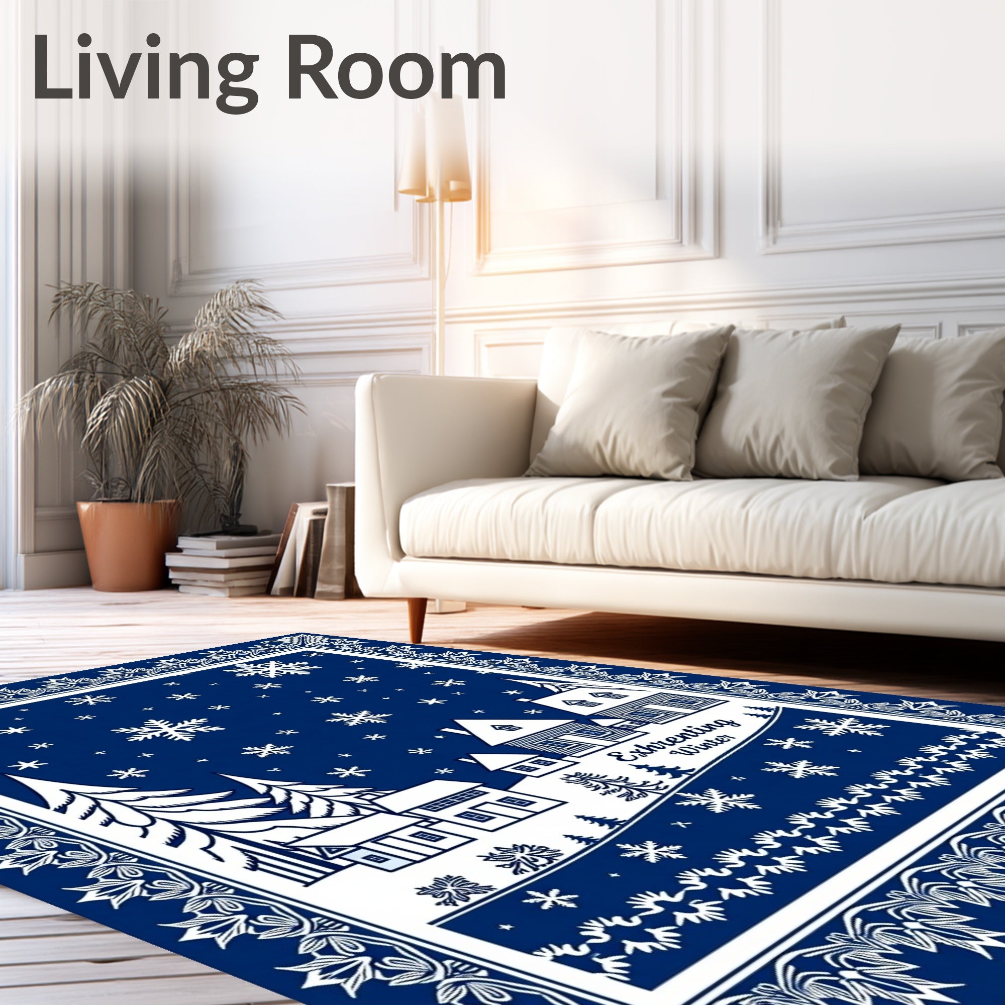 Classic Blue Winter Village Snowflakes Rug