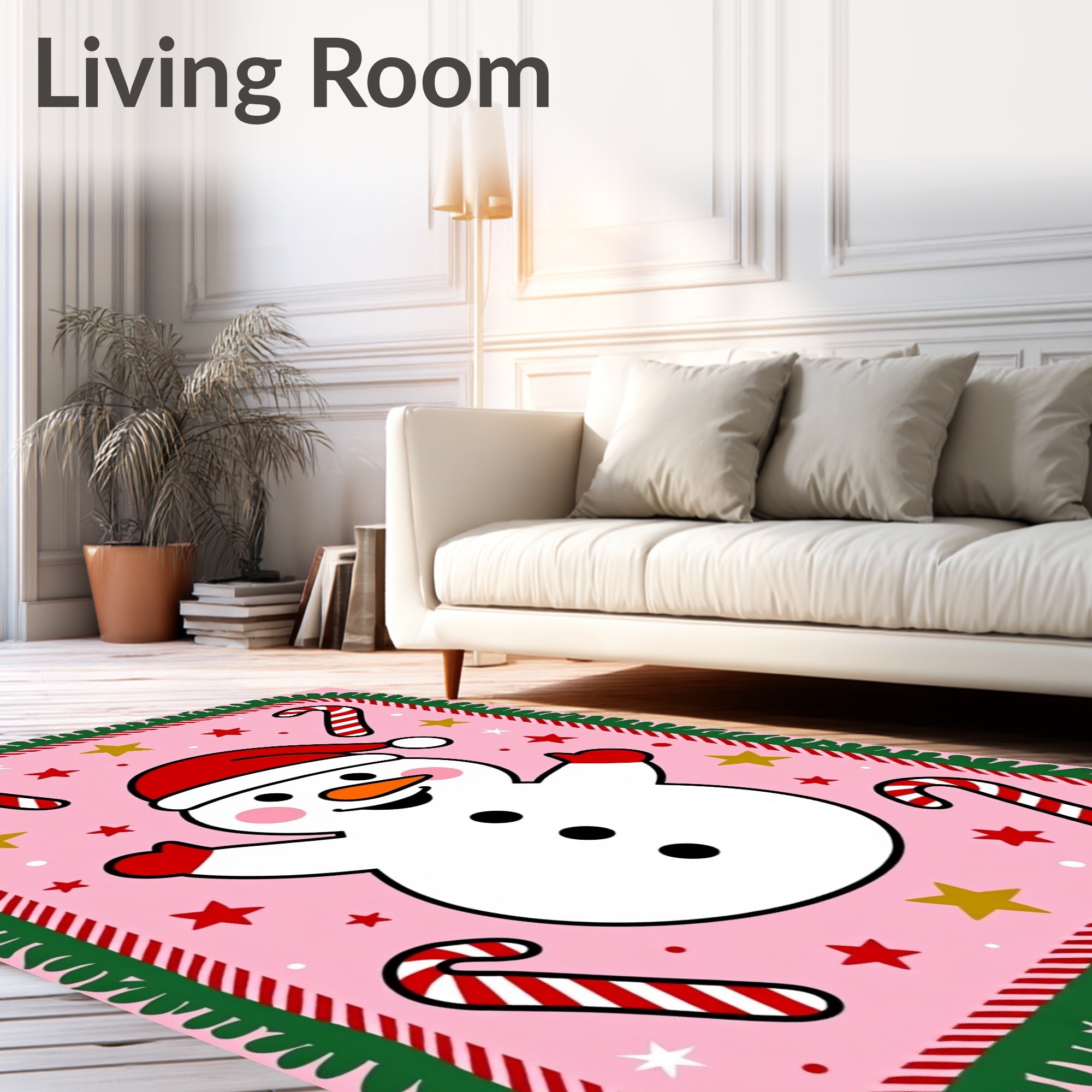 Pink Snowman Candy Cane Star Border Rug