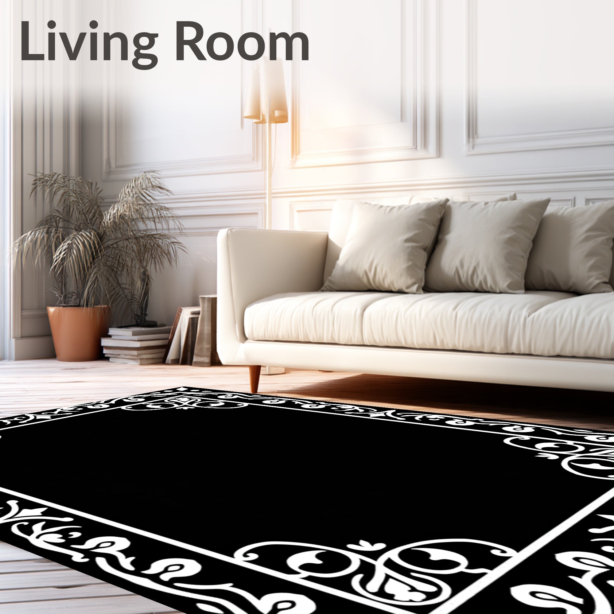 White Floral Border Scrollwork Frame Rug
