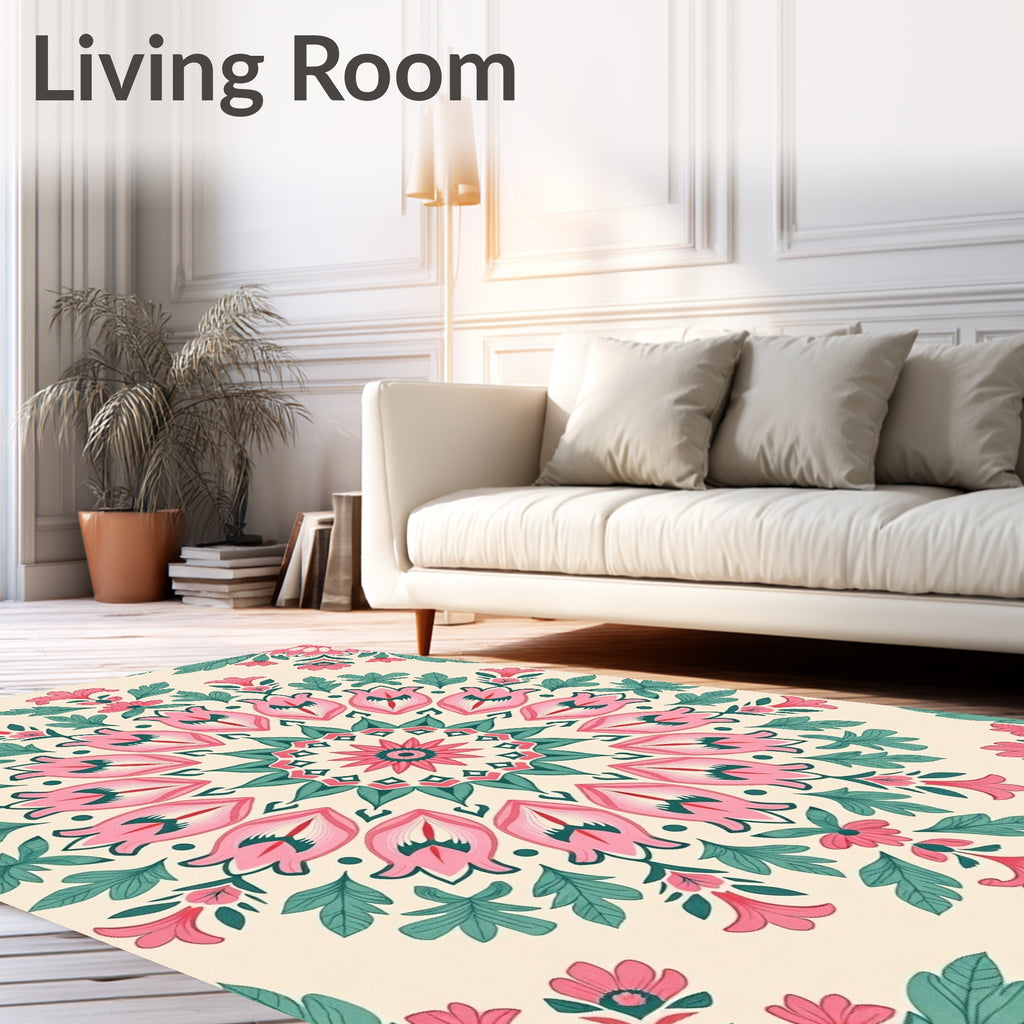Pink Teal Floral Mandala Medallion Rug